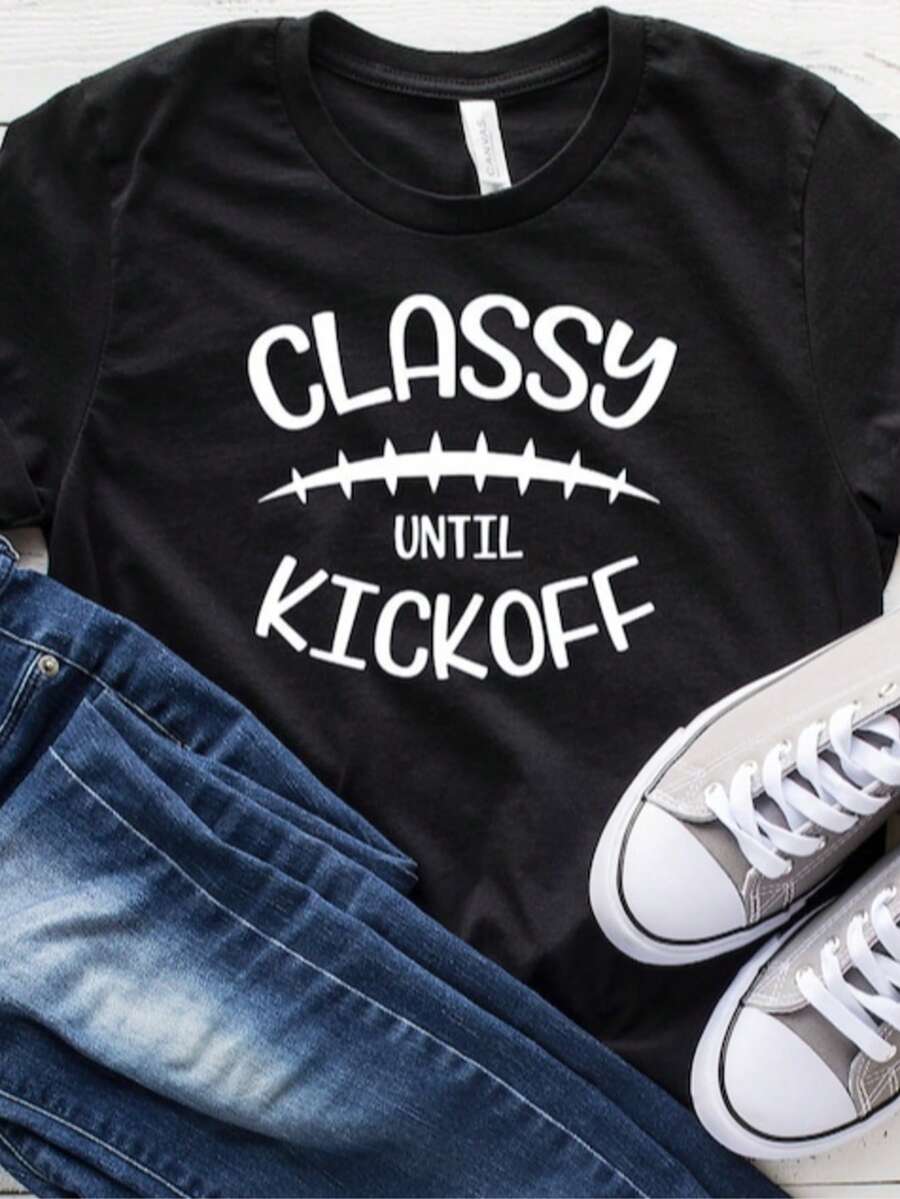 Classy Until Kickoff T-Shirt_ Game Day Football Tee - 黑色 - 查看 1