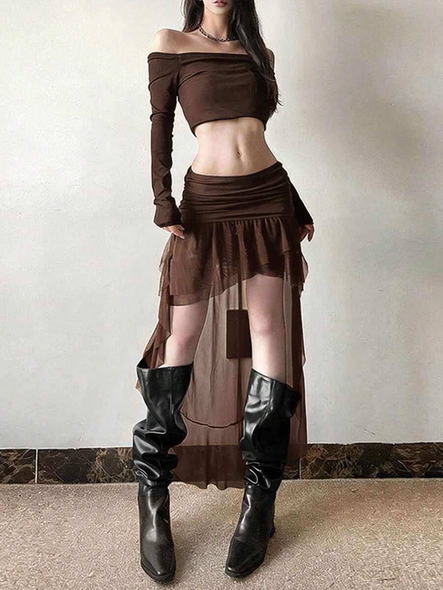 Chân váy mini ôm sát, mỏng nhẹ, nhiều lớp bằng vải lưới xuyên thấu của Top Dazzle, màu đen trơn. - Cà phê nâu - Xem 1