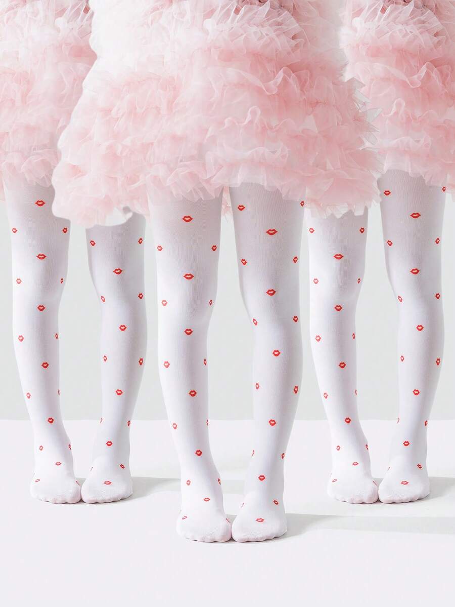 1pc Children's Thin Anti-Snag Stockings, Cute Lip Print Design, Fashionable Breathable Soft & Smooth White Pantyhose, Suitable For Valentine's Day, Birthday Party, Vacation, Leisure - Red and White - View 1