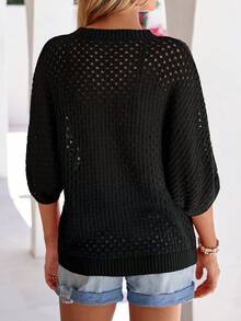 Women's Summer Crochet Top - Hollow-Out Batwing Sleeve Cover-Up, Cute Pullover Knitwear, Beach Vacation Outfit - màu đen - Xem 3