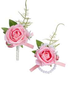 Wedding Boutonniere Set, Artificial Flower Bracelet, Homecoming Corsage Bracelet, Men's Boutonniere, Wedding Floral Accessories, Prom Suit Decoration - Multicolor - View 18