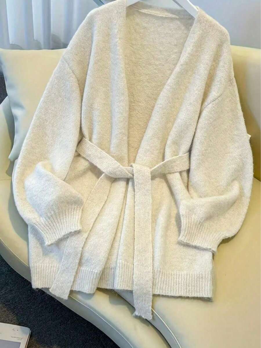 女士优雅休闲针织开衫，宽松舒适，时尚简约通勤毛衣外套，系带腰身上衣外套，散发经典复古气息，女士街头风外套 - 奶油色 - 查看 1