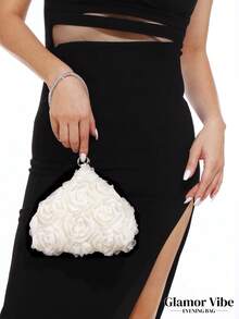 复古花卉手提包/手拿包，优雅白色玫瑰花卉设计晚宴包，搭配水钻手链手提包，纯色水桶包，新娘手拿包，适合正式晚宴、舞会、派对、婚礼、聚会、礼品 - 白色 - 查看 4