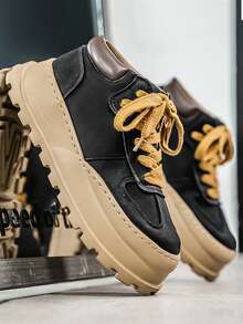 男士厚底耐穿舒适休闲运动鞋，PU皮革户外运动复古舒适男士滑板鞋，纯色拼接青年户外舒适男鞋 - 黑色 - 查看 3