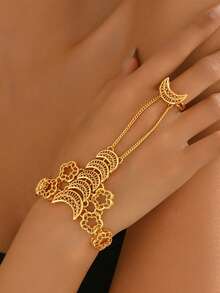 1 pièce Bracelet anneau de phalange en métal vintage avec lune et fleur, convient pour les tenues de mariage, de fête et de vacances - Or jaune - Voir 2