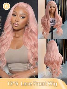 女士圣诞装饰圣诞礼物假发 13X6 蕾丝前额合成纤维假发 28 英寸浅红色波浪超长假发带婴儿发耐热全机器制作适合日常聚会高品质自然美丽柔软逼真纤维假发 - 淺粉色 - 查看 12