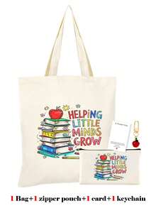 10/5/4/2pcs/1pc/Set Teacher Themed Canvas Tote Bag, Shopping Bag, Zipper Pouch, Appreciation Card, Apple Keychain Canvas Gift Set, Suitable For Back To School, Graduation, Teacher's Day, Multi-Purpose Shopping Bag, Book Bag, Stationery Pouch Set, Portable For SPA, Party, Gym, Travel, Cosmetic Organizer - Beige - View 47