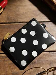 1pc Mini Polka Dot Card Holder Wallet, Minimalist Black & White Asymmetrical Dot Bohemian Style Versatile Card Case, Women's Small Coin Purse, PU Leather Zipper Closure, Fits Cards, Cash, Coins, Ideal For Daily Use, Christmas Gift - Black and White - View 12