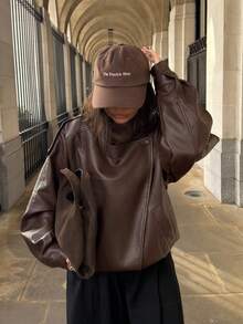 女士棕色PU皮夹克，秋冬季飞行员夹克外套，休闲大衣，长袖上衣，冬季纽扣夹克 - 紫紅色 - 查看 2