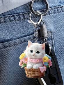 Cute Cat Acrylic Pendant, Cat Shaped Bag Charm, 2D Acrylic Pendant, White Cat Sitting In Flower Basket, Car Keychain, Home Decor, Pet Lover Gift, Fun Decor, Smooth Texture, Outdoor Decor, Gift, Souvenir, Gift For Friends, Family, Girls, Unique Birthday Gift, Party Gift, Holiday Gift, Teacher Gift - Multicolor - View 6