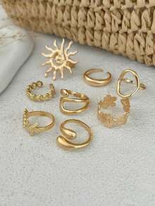 8件套几何、火焰、贝壳、海星、镂空水滴多元素可叠戴戒指套装，奢华优雅，适合海滩度假、派对、日常休闲佩戴、街头摄影，女士及情侣皆宜，亦可作为节日及生日礼物。 - 戒指 - 查看 5
