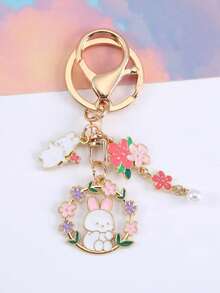 1pc Colorful Floral Rabbit Keychain, Cute Sakura Flower Rabbit Pendant Bag Charm, Zinc Alloy Rabbit & Flower Key Chain, Lovely Gift For Friends, Classmates - Multicolor - View 11