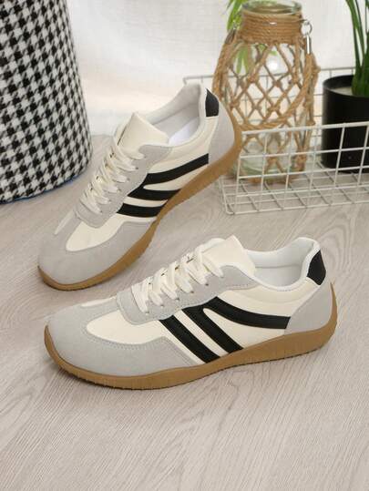 Women's Breathable Leather Casual Shoes, Flat Non-Slip Lace-Up Round Toe Low-Top Rubber Sole Casual Sneakers, Color Block Retro Style Shoes, Suitable For Daily Wear, Red, Black, Beige, Black, Size 36-41