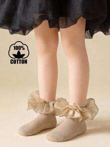 1 par de calcetines de baile de algodón para niñas con grandes volantes, calcetines cortos de estilo princesa elegante para atuendo de fiesta - Dorado - Ver 7