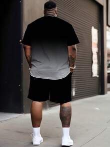 Plus Size Men's Ombre & King Text Print Sports Set - Made Of Polyester Knit Fabric, With Round Neck, Drawstring Shorts, Pockets, Regular Fit, Suitable For Plus Size - Multicolor - View 2