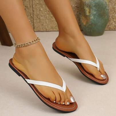 Women's Simple Thong Round Toe Flat Slippers, Casual Style Suitable For Beach, Hangout With Friends, Color Block Leather Sandals