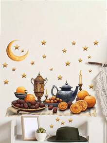 1pc Ramadan Mubarak Watercolor Wall Sticker - Self-Adhesive PVC Moon, Star & Food Pattern Decals, Suitable For Bedroom, Living Room, Kitchen - Perfect Holiday Home Decor Gift - Multicolor - View 3