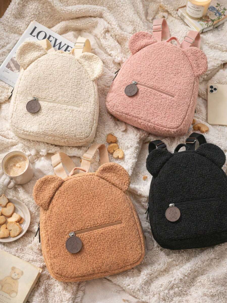 1pc Kids Cute Teddy Bear Ears Backpack, Girls Soft Plush Fleece Mini Backpack With Zipper Pocket, Lightweight Small Bag For Daily Use, Travel Or School - Multicolor - View 1