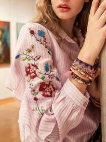 Floral & Leaf Embroidered Women's Shirt, Front Button Elegant Casual Blouse, Spring/Summer Women's Pink Striped Long Sleeve Top, French Elegant Blouse, Spring/Summer Women's New Year Outfit - Pink - View 1