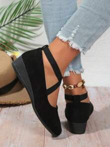 Women's Solid Color Comfy Flat Cross Elastic Band Soft Sole Walking Shoes, Wedge Heel Daily Shoes - màu đen - Xem 6