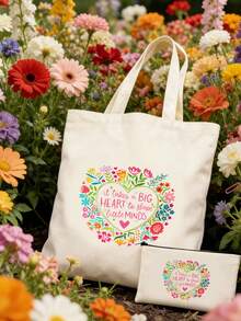 10/5/4/2pcs/1pc/Set Teacher Themed Canvas Tote Bag, Shopping Bag, Zipper Pouch, Appreciation Card, Apple Keychain Canvas Gift Set, Suitable For Back To School, Graduation, Teacher's Day, Multi-Purpose Shopping Bag, Book Bag, Stationery Pouch Set, Portable For SPA, Party, Gym, Travel, Cosmetic Organizer - Beige - View 8