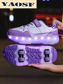 YAOSF 儿童/青少年轮滑鞋 - 升级版，稳定性更强，可拆卸二合一运动鞋，街头酷炫轮滑鞋，户外运动夜光鞋，亲子鞋，新款直排轮滑鞋，夜间发光鞋，USB充电轮滑鞋，LED发光轮滑鞋，带夜光鞋底的运动鞋，男女童/学生户外运动轮滑鞋，高端儿童节日礼物