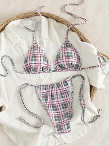 Bộ bikini kẻ caro hồng, xanh lá cây và đỏ, thiết kế cúp ngực tam giác với dây đeo giúp tôn lên đường cong vai, làm mềm mại các đường cong cơ thể, thích hợp cho kỳ nghỉ hè đi biển và dự tiệc. - Nhiều màu - Xem 5