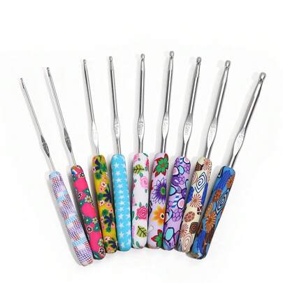 9支彩色手柄软陶钩针，2.0mm-6.0mm全套铝制钩针，印花手柄，钩针套装，适用于缝纫、钩编、手工制作项目，是编织爱好者和初学者的完美礼物。