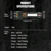 1pc Multi-Function Dual Light Flashlight: LED Spotlight + COB Flood Light/Red-Blue Warning Flash/Car & Outdoor Emergency Light - Multicolor - View 4