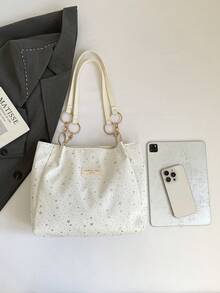 1pc Cloud Decor Star Pattern Polyester Large Capacity Zipper Shoulder Bag, Fashionable For Women Daily Use - White - View 3