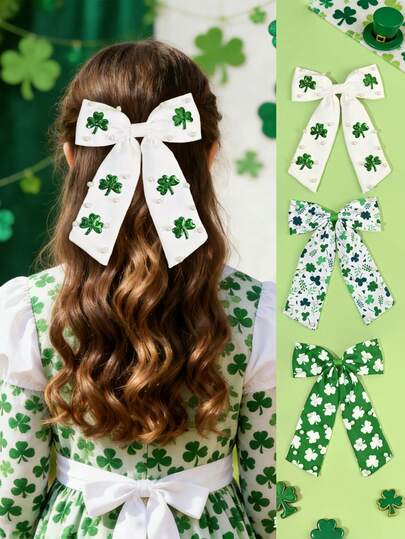 1 st. Patrick's Day Shamrock hårrosett för flickor klövertryckt rosett alligatorklämma stor svans hårspänne med fuskpärldekor bedårande Shamrock hårspännen fina St. Patrick's Day hårnål tonårshåraccessoar