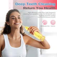 hilo dental eléctrico de agua recargable, irrigador oral, 3 modos, 5 puntas, para dientes, encías y aparatos ortopédicos, cuidado dental familiar, tanque de 300 ml, IPX7 impermeable - Amarillo - Ver 2