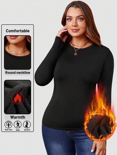 1件加大码保暖内衬圆领长袖纯色修身打底衫，适合秋冬季休闲穿着。