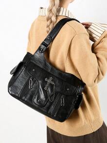 1件复古大容量手提包，复古PU单肩斜挎包，女士休闲托特包兼钱包 - 黑色 - 查看 10