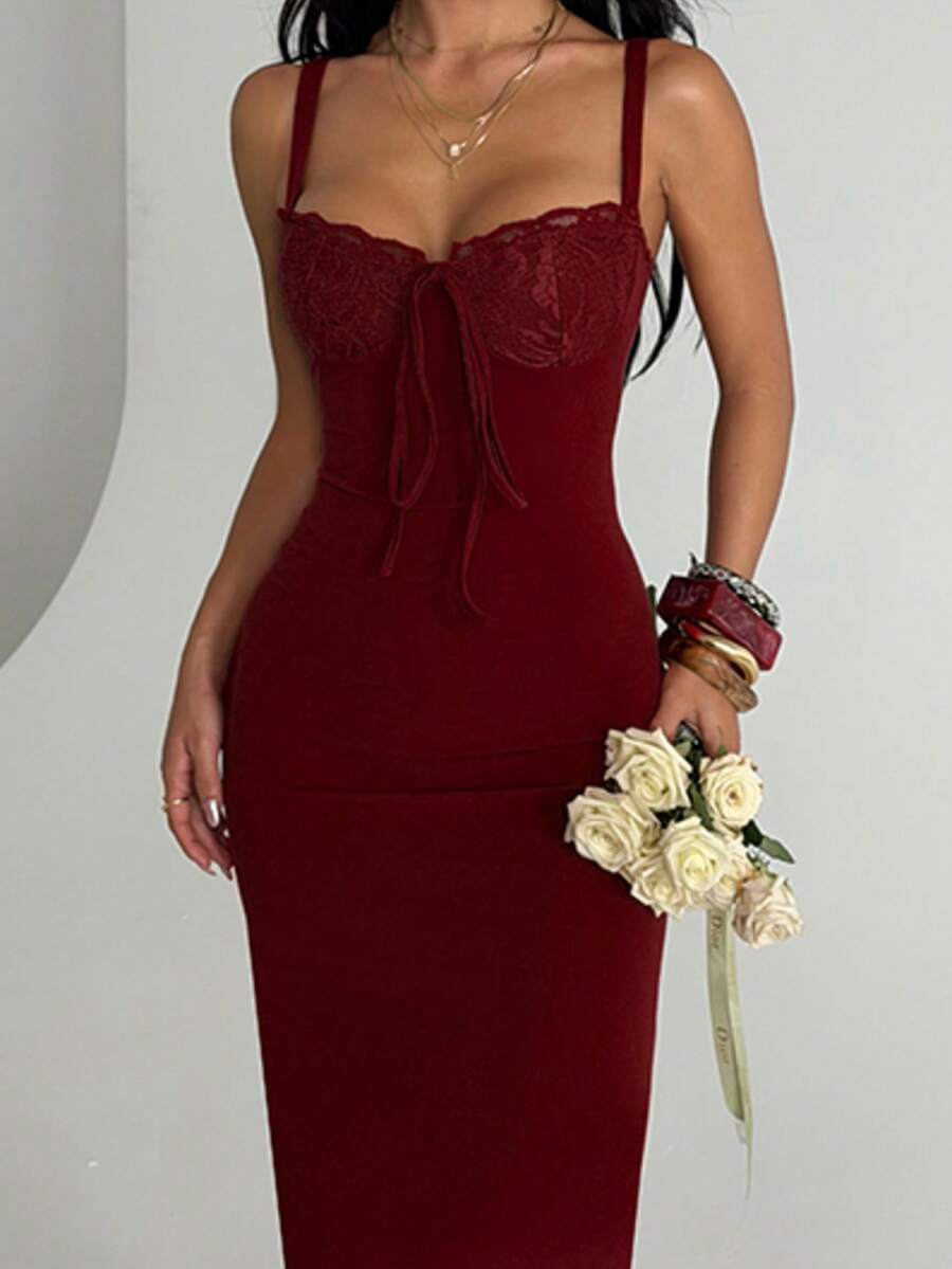 WOWDARK Women's Elegant Lace Patchwork Spaghetti Strap Slit Bodycon Dress, Party Dress, Evening Gown - Màu Đỏ Sâu - Xem 1