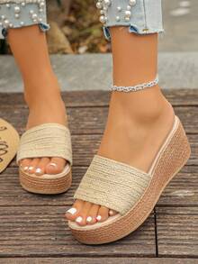 1 đôi sandal cao gót mùa hè dành cho tuổi teen, dây thừng gai dệt màu trơn thời trang, thiết kế tối giản, dép đế xuồng dày dặn, nhẹ và thoải mái, thích hợp cho sử dụng hàng ngày, kỳ nghỉ, dạo chơi, du lịch, đi biển. - Màu be - Xem 5