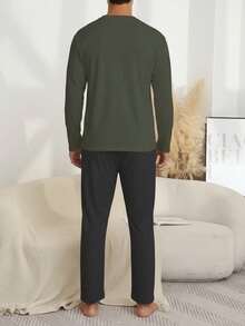 2pcs Men's Sleepwear Set, Round Neck Long Sleeve Letter Print Top And Solid Color Pants, Casual And Comfortable, Suitable For Lounging And Outerwear, Spring/Autumn - Dark Green - View 5