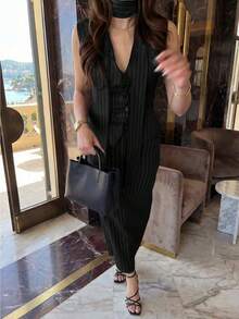 Elegant Minimalist Holiday Party Commute Daily Business Vest Suit Co-Ord Sets For Women, Autumn Vest Suit Waist Cinched Fitted Suit Skirt Women's Set Black Summer - Black - View 2