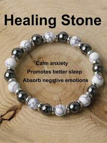 YAUKIA 8mm White Turquoise Hematite Energy Protection Bracelet Healing Meditation New Beginnings Good Luck Bracelets For Men Women - Black and White - View 1