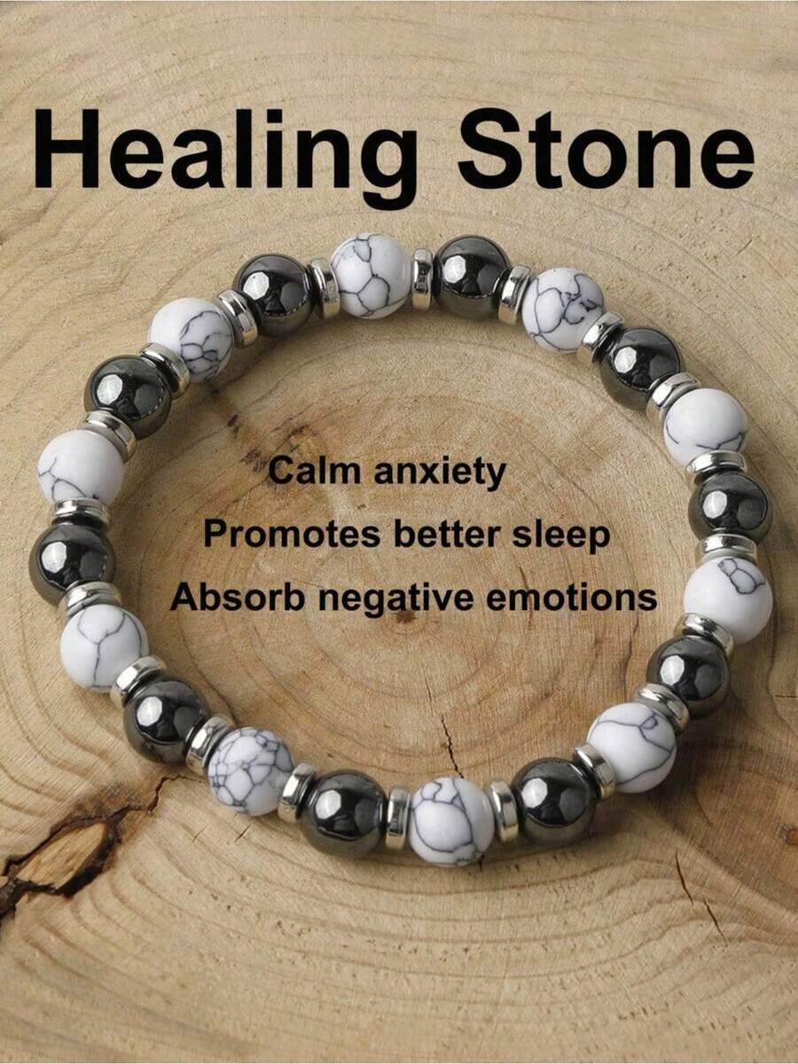 YAUKIA 8mm White Turquoise Hematite Energy Protection Bracelet Healing Meditation New Beginnings Good Luck Bracelets For Men Women - Black and White - View 1
