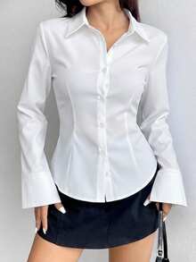 Women's New Slim Fit Long Sleeve Collared Button-Up Shirt, Minimalist & Fashionable, Elegant & Casual, Essential Wardrobe Piece, Spring/Autumn White - White - View 4