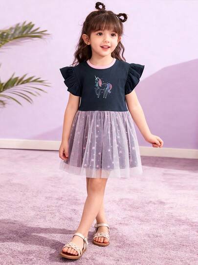 Đầm tay bồng họa tiết kỳ lân cho bé gái 2-7 tuổi, đầm công chúa phối lưới voan in hình ngôi sao cho bé gái, đầm dự tiệc mùa hè.