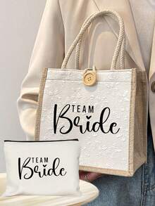 新娘蕾丝印花手提包 白色化妆包 - 印有“爱意满满”字样，新娘字母图案，单件派对婚礼旅行洗漱包，便携式化妆包，多功能包，旅行化妆包，字母图案拉链收纳包 - 彩色 - 查看 21