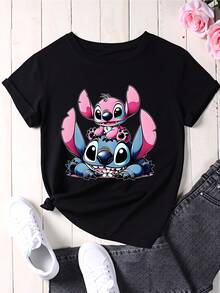 Stitch And Angel Cartoon Character White T Shirt Women Casual Short Sleeve Top Fashion Graphic Tee For Girls Unisex Summer Wear - màu đen - Xem 2