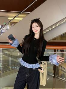 女士春夏格子拼接喇叭袖修身衬衫 - 黑色 - 查看 5