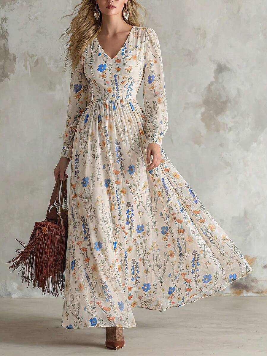 Đầm maxi dài tay cổ chữ V họa tiết hoa nhí vintage mùa hè dành cho nữ của Vuslat, kiểu dáng bohemian, dáng suông, thoải mái, thích hợp cho kỳ nghỉ, hoạt động ngoài trời, dã ngoại, kỳ nghỉ hè. - Màu be - Xem 1