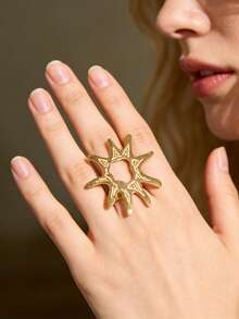 Mazuer 1 Peça Anel de Sol Vintage Texturizado e Oco, Joia de Aço Inoxidável Banhada a Ouro 18K, Acessório Diário para Mulheres, Presente - Ouro amarelo - Visão 1