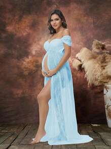 Irresista 孕妇蕾丝性感露肩高腰开衩拍照婴儿洗礼孕妇礼服 - 淺藍色 - 查看 1