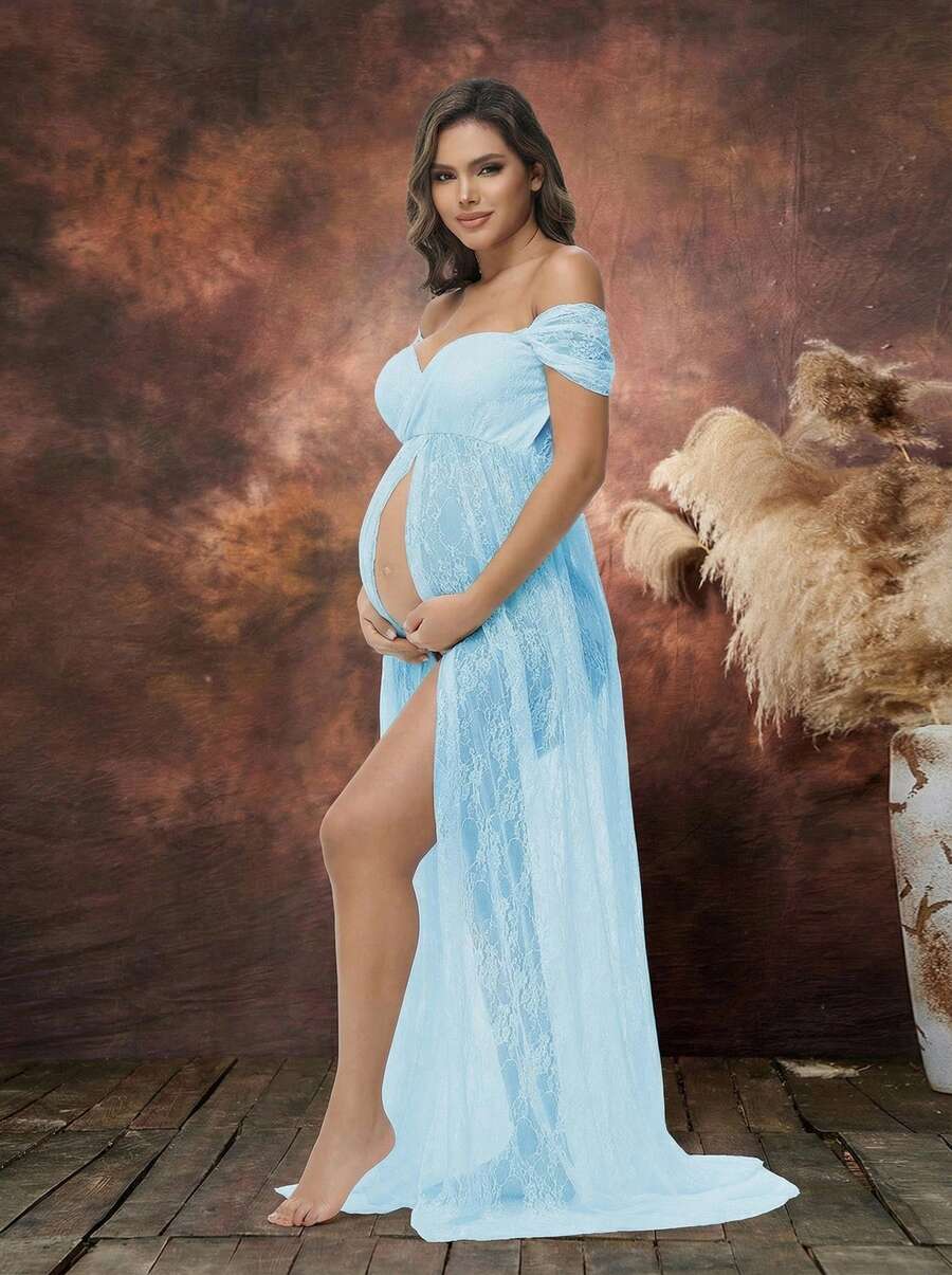 Irresista 孕妇蕾丝性感露肩高腰开衩拍照婴儿洗礼孕妇礼服 - 淺藍色 - 查看 1
