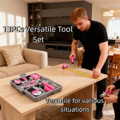 13pcs Pink Mini Toolbox, Portable Storage Box For Dorm, Home, Office DIY, Meets Basic Daily Repair Needs